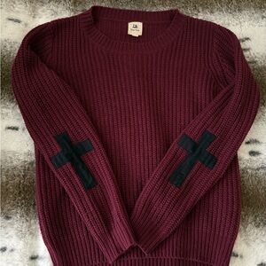 Burgundy Knit Sweater with Black Suede Elbow Cross Patches